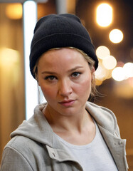 Portrait of young blonde caucasian woman wearing beanie hat on the street
