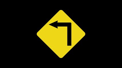 turn left curve ahead road sign icon yellow board animation on black background