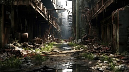 Abandoned, post-apocalyptic cityscape with decaying buildings, overgrown vegetation, and broken infrastructure