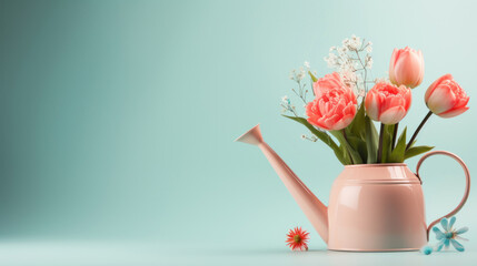 A pink watering can filled with blooming tulips and baby's breath on a gentle pastel blue background.