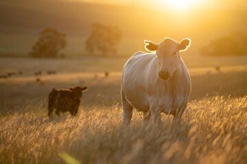 Stud Beef bulls, fat cows and calves grazing on grass in a field, in Australia. breeds of cattle...