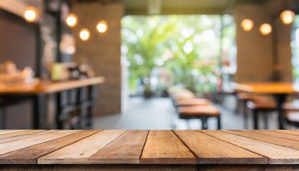 Blurred Brews: Empty Wooden Table Perfect for Product Presentation in a Coffee Shop