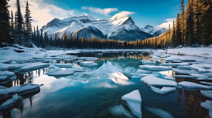Panoramic view of frozen lake in the Canadian Rockies, Banff National Park, Alberta, Canada - obrazy, fototapety, plakaty