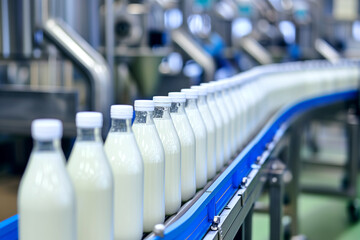 Milk bottles on a conveyor belt in a dairy factory.
