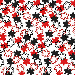 Abstract background with colored puzzle elements, smooth repeating pattern. Red black white colors. Valentine's Day. Collect, search, build. Matching puzzles are scattered randomly
