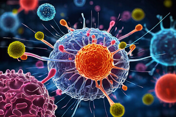 Educational immune system illustration. In-depth view of cells protecting against viruses and bacteria. Informative and engaging stock image.