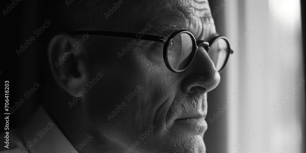Poster a man wearing glasses looks out a window. this image can be used to represent curiosity, contemplati
