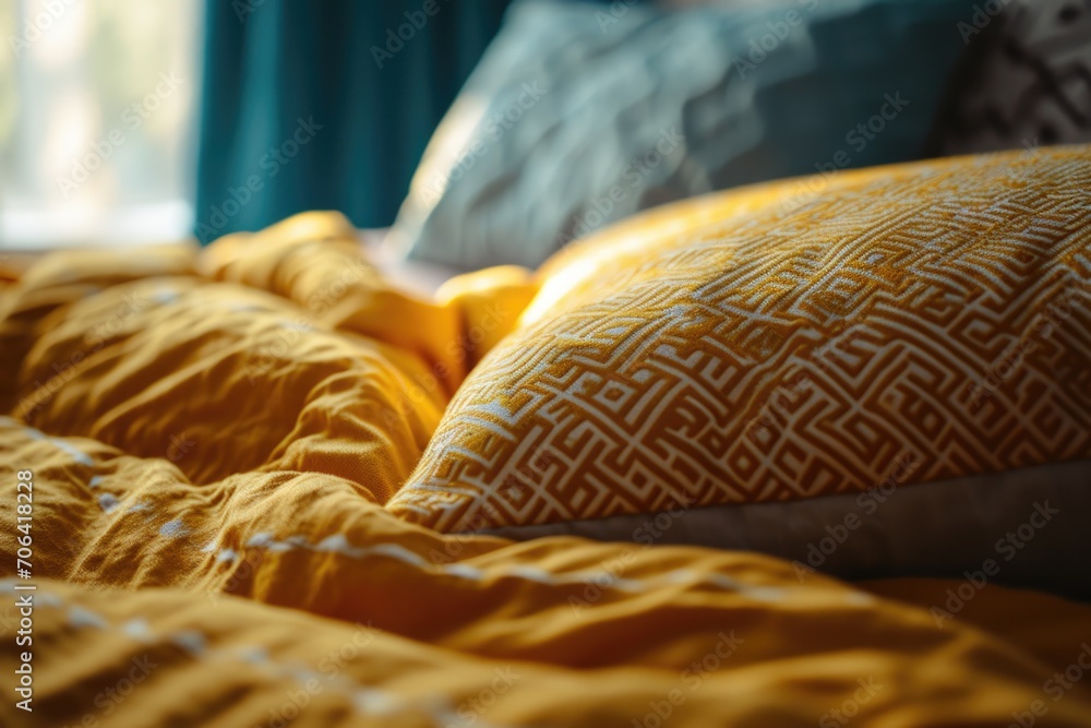 Poster close up view of a bed with a yellow comforter. versatile image suitable for home decor, interior de