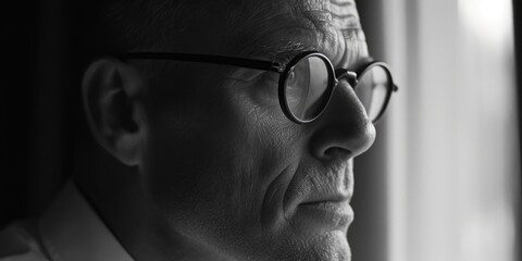 A man wearing glasses looks out a window. This image can be used to represent curiosity, contemplation, or a moment of introspection - obrazy, fototapety, plakaty
