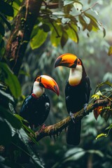 Naklejka premium two toucan birds perched on a tree branch in a jungle, in the style of bold chromaticity