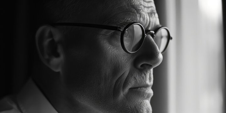 A man wearing glasses looks out a window. This image can be used to represent curiosity, contemplation, or a moment of introspection