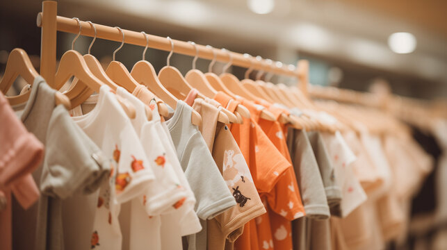 clothes hanging on a hanger, Baby Clothes hang on a rack in a clothing store close shot, Ai generated image