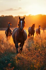 beautiful horses running through a grassy field at sunrise
