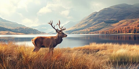Beautiful red deer stag looks out across lake towards mountain landscape in Autumn scene - obrazy, fototapety, plakaty