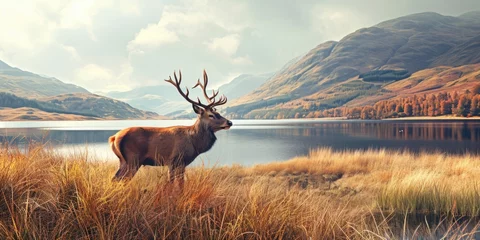 Poster Beautiful red deer stag looks out across lake towards mountain landscape in Autumn scene © Landscape Planet