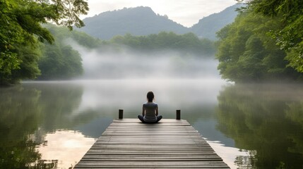 Tranquil scene of a serene lake surrounded by mist-covered forest. A wooden dock extends into calm water, with weathered planks adding texture. Peaceful woman is meditating