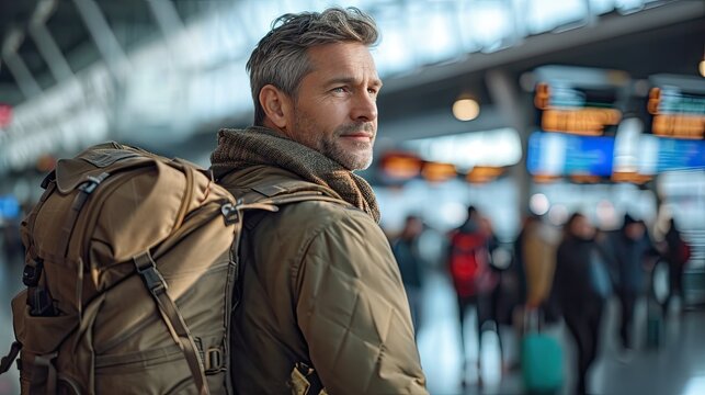 Caucasian amn with backpack on the station ready to travel alone.