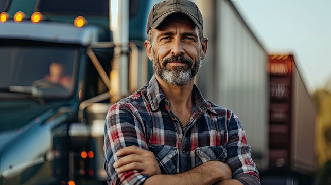 Man truck driver, posing proud next a big truck.