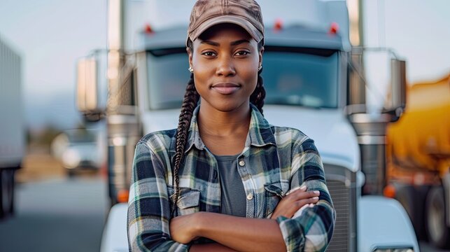 Afro american woman as a truck driver, posing next a truck.