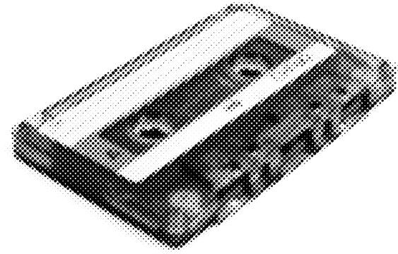 Cassette tape in halftone dots texture, isolated black and white vector design element 
