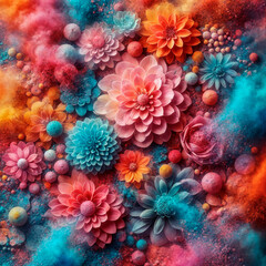 Fototapeta na wymiar background with flowers, Colorful dahlia flowers on colorful powder background, closeup