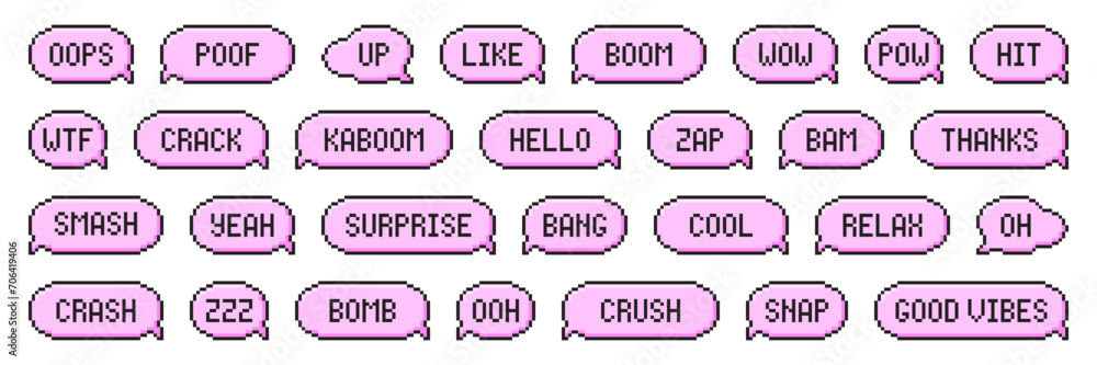 Aufkleber set of pixel art speech bubbles. retro game style dialogue box. modern vector illustration.