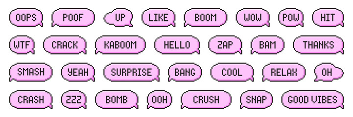 Set of pixel art speech bubbles. Retro game style dialogue box. Modern vector illustration.