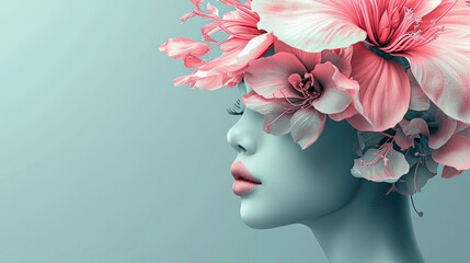 Conceptual 3d illustration, woman and flower head, abstract, acurate details