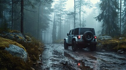 Off road car in a forest on a rainy day.