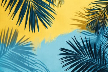 Fototapeta na wymiar Vibrant tropical palm leaves in rich green hues, sharply focused with intricate details of veins and textures. Large fan-shaped leaves against a sunny yellow background