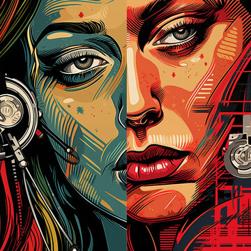 Poster with cyber pank woman face cartoon and glitch style, vivid colors