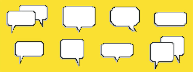 Pixel dialogue box. Retro 8 bit arcade game style quotes and UI message frames. Pixel empty speech bubble. Communication box. Dialog cloud. Game development. Vector illustration on a yellow background