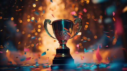 An elegant trophy cup in focus with a sparkling, festive confetti backdrop, symbolizing celebration and success.