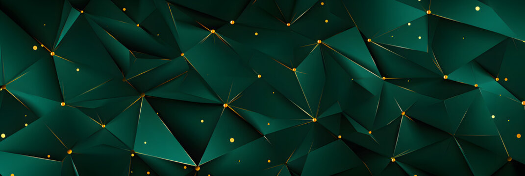 Abstract deep green 3d background with polygonal pattern, little golden dots, dark outline lines. Modern geometric invitation card. VIP jewelry business sale banner. Premium Xmas, Happy New Year 2020