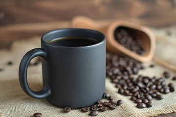 Matte black ceramic coffee mug with dark roast coffee