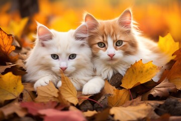 Naklejka na ściany i meble Cute cats in autumn leaves