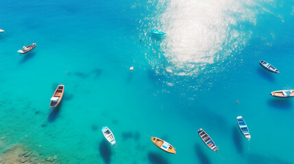 person snorkeling in the sea,  Boats from air. Aerial view on sea in Turkey. Summer seascape with clear water in sunny day. Top view of boats from drone. Summer seascape from air, Ai generated image - obrazy, fototapety, plakaty