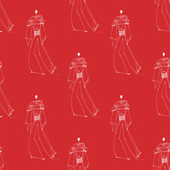 Hand Drawn Fashion Designer Illustration Seamless Pattern.Fashion Model Illustration, Stylish Sketch.Hand drawn outfit look.Fashion Designer Style. Placement Print. t