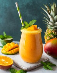 fruit smoothies, fresh tropical smoothie mango and orange; healthy lifestyle