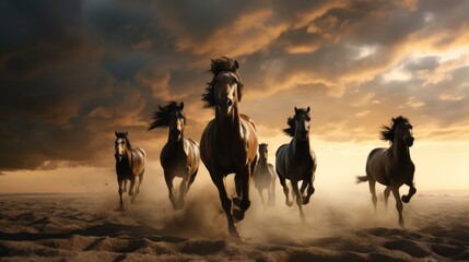 A pack of horses run fast in sand against dramatic sky At sunset. Animals in the wild.