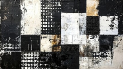 Generative AI, vintage grunge black and white collage background. Different textures and shapes	
