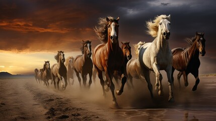 A lot of beautiful thoroughbred horses are running on the sand at sunset against a dramatic sky background.