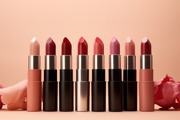 Colorful lipstick on beige background