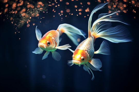 Dreamy Photograph of Two Glowing Koi Carp Fish Swimming in a Circle in Dark Blue Pond Waters