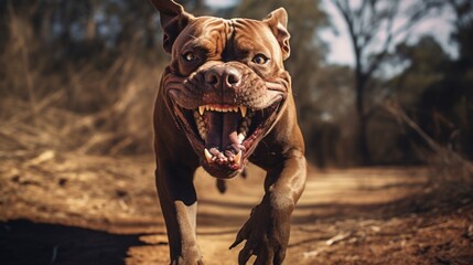 An aggressive brown pit bull runs right up to the camera with its mouth open and shows its front teeth against the background of the forest. Rabies, veterinary medicine, pets concepts. - obrazy, fototapety, plakaty