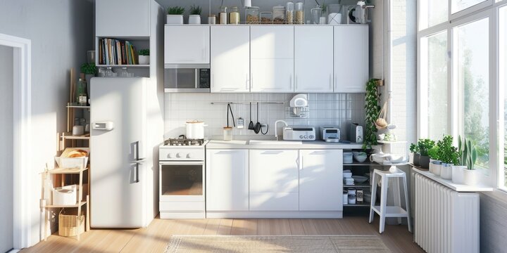 A picture of a kitchen with white cabinets and a white refrigerator. Perfect for showcasing a modern, clean design. Ideal for home improvement or real estate websites