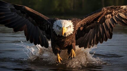 A large eagle with outstretched wings is fishing in the lake.