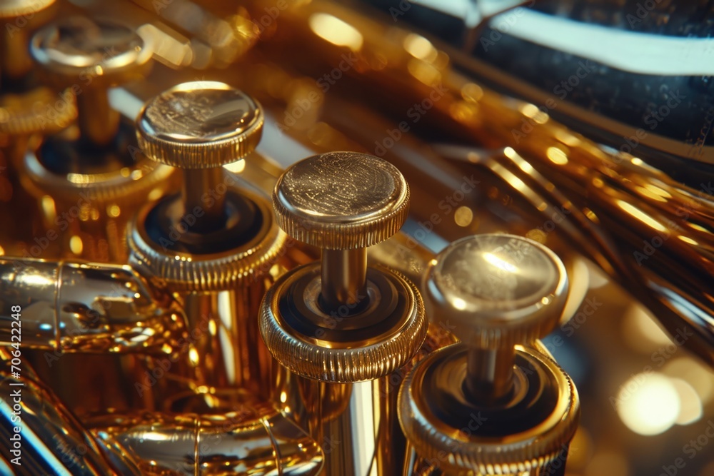 Poster a close-up view of a trumpet featuring numerous brass knobs. this image can be used to illustrate mu