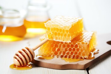 Honeycomb with honey and honey dipper on wooden background