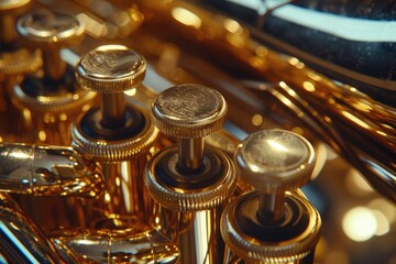 A close-up view of a trumpet featuring numerous brass knobs. This image can be used to illustrate musical instruments, brass instruments, or the intricacies of a trumpet design - obrazy, fototapety, plakaty